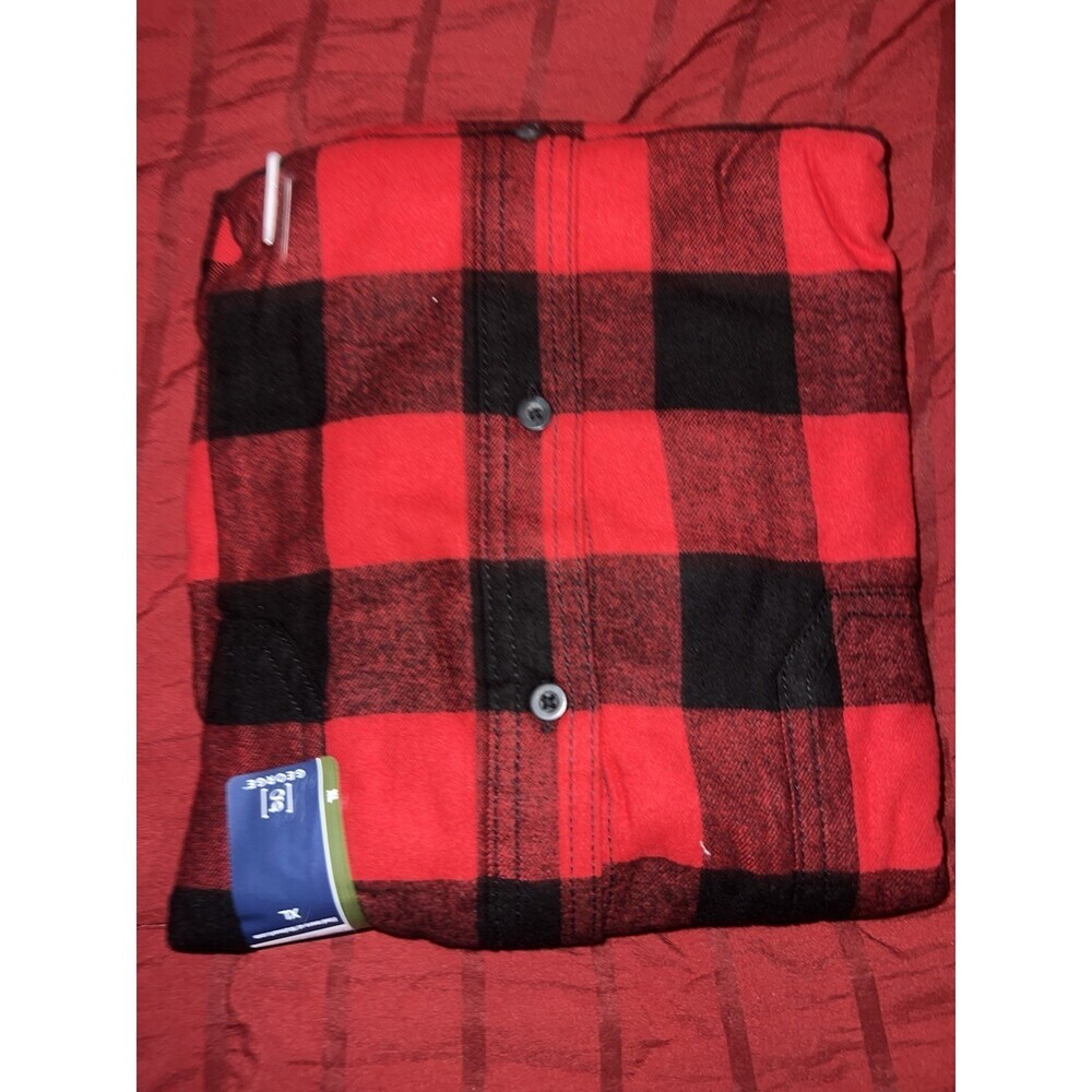 Mens George Red & Black Plaid Flannel Shirt Button Down Long Sleeve Size XL - Picture 3 of 4